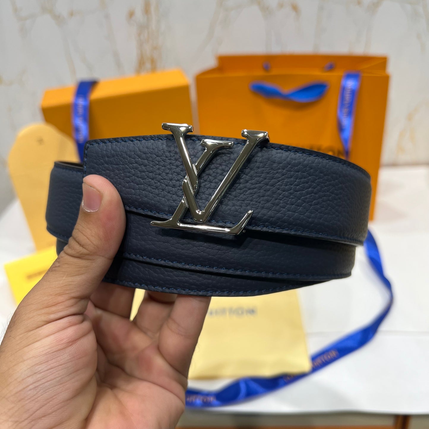 LV Silver Logo Reversible Belt Blue/Black