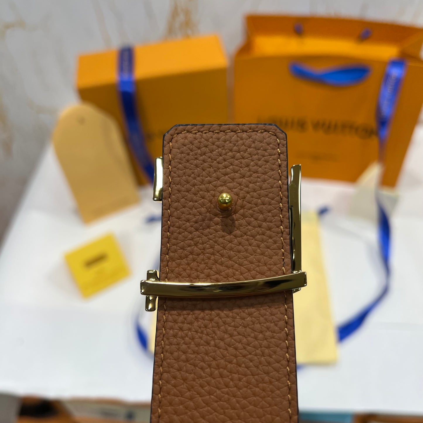 LV Golden Logo Reversible Textured Belt Black/Brown