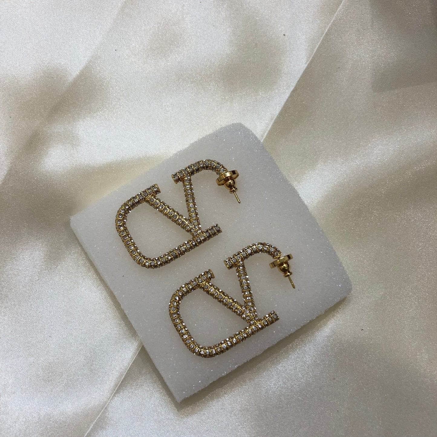 Valentino V Logo Gold White Earrings