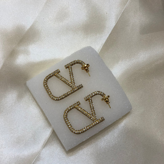 Valentino V Logo Gold White Earrings
