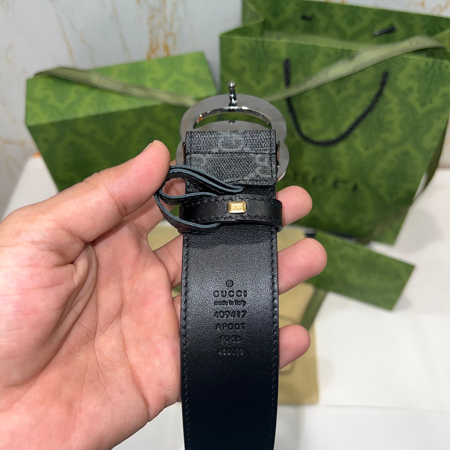 Gucci Silver GG Supreme Belt Grey
