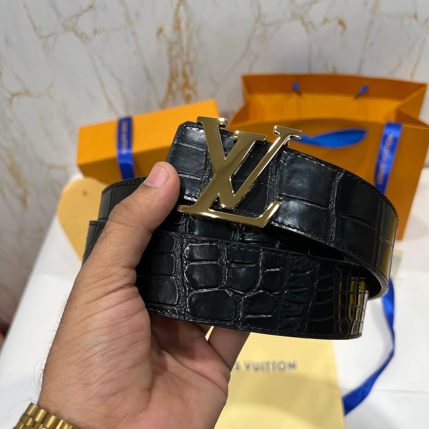 LV Golden Logo Reversible Belt Crocodile Skin Black