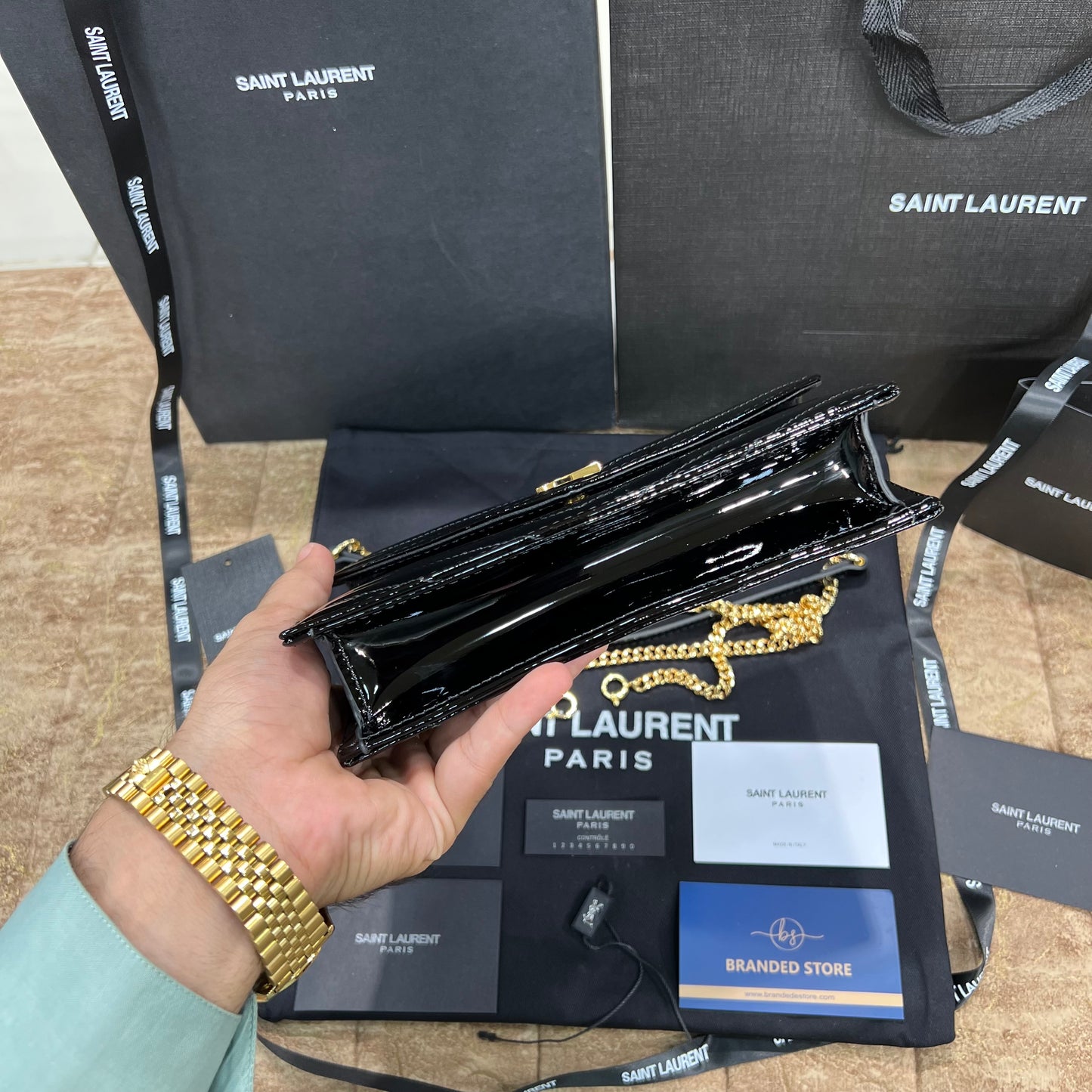 YSL College Mini Chain In Shiny Leather Bag Black