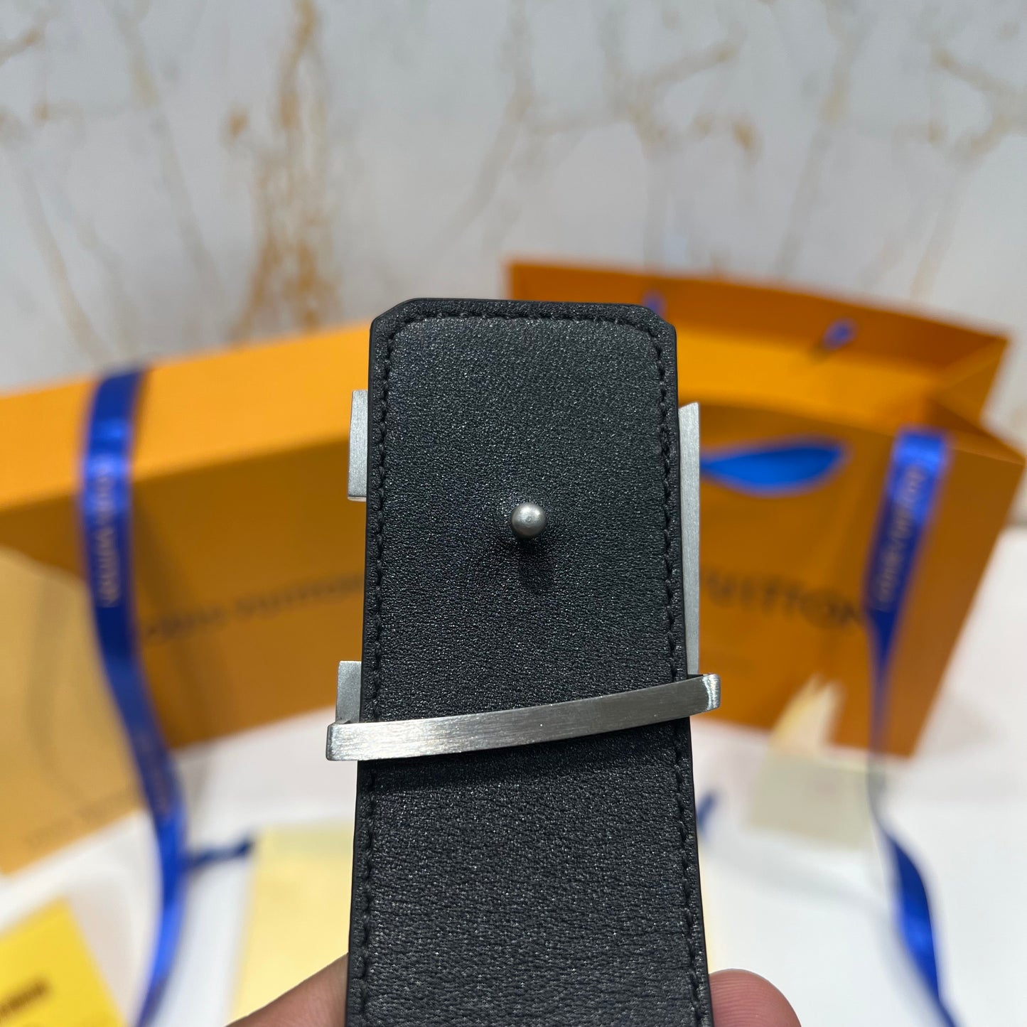 LV Silver Logo Grey Printed Reversible Belt Black