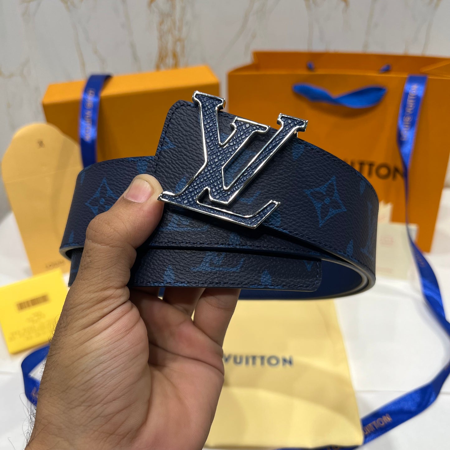 LV Blue Logo Printed Reversible Belt Blue