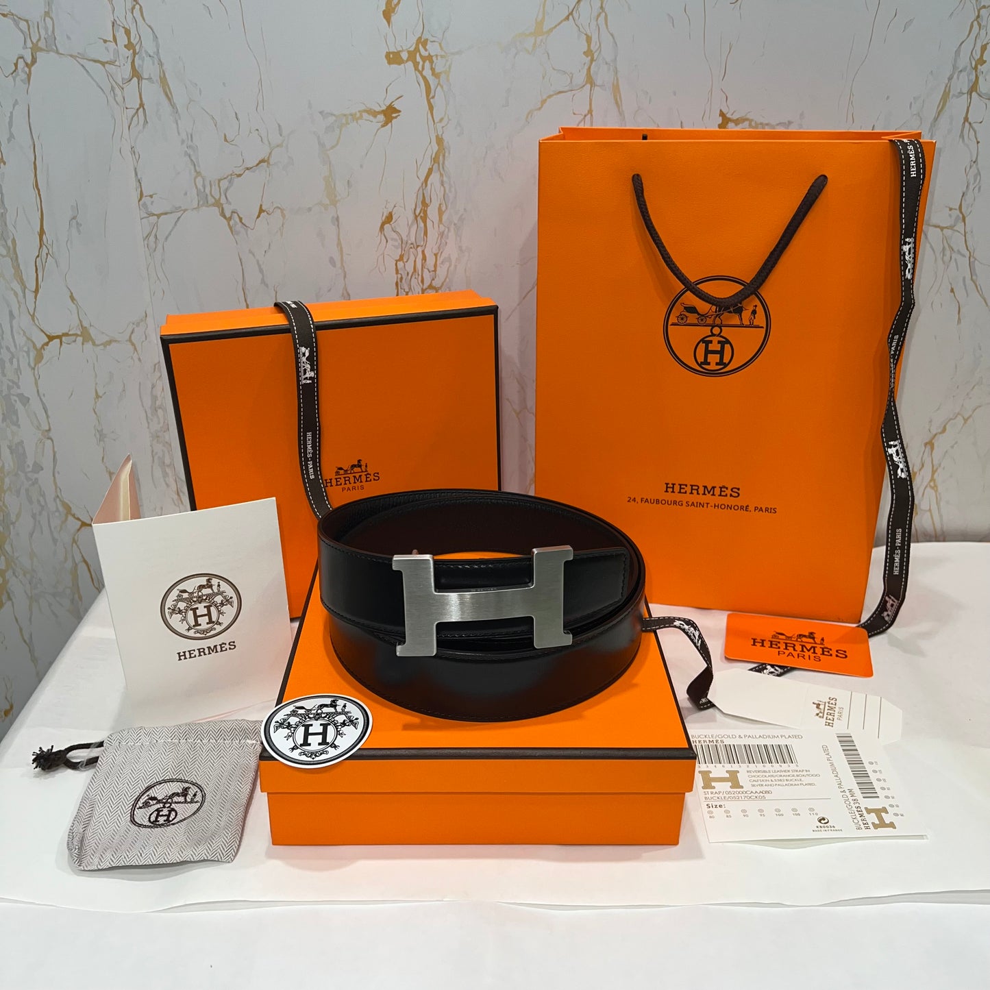 Hermes H Silver Buckle Belt Reversible Black