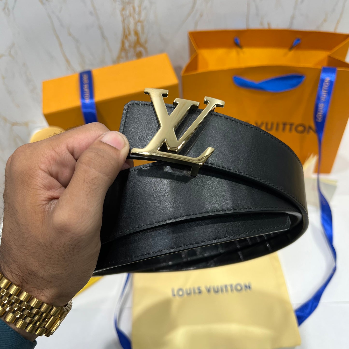 LV Golden Logo Reversible Belt Crocodile Skin Black