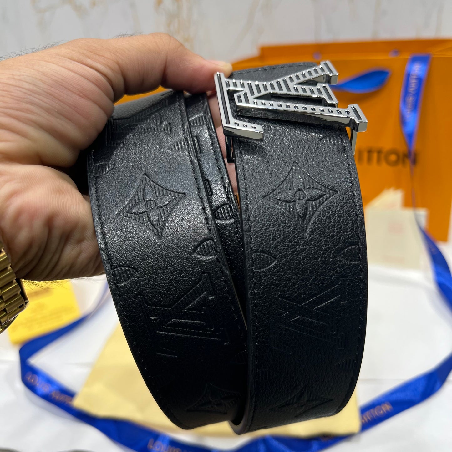 LV Silver Line Logo Reversible Belt Black