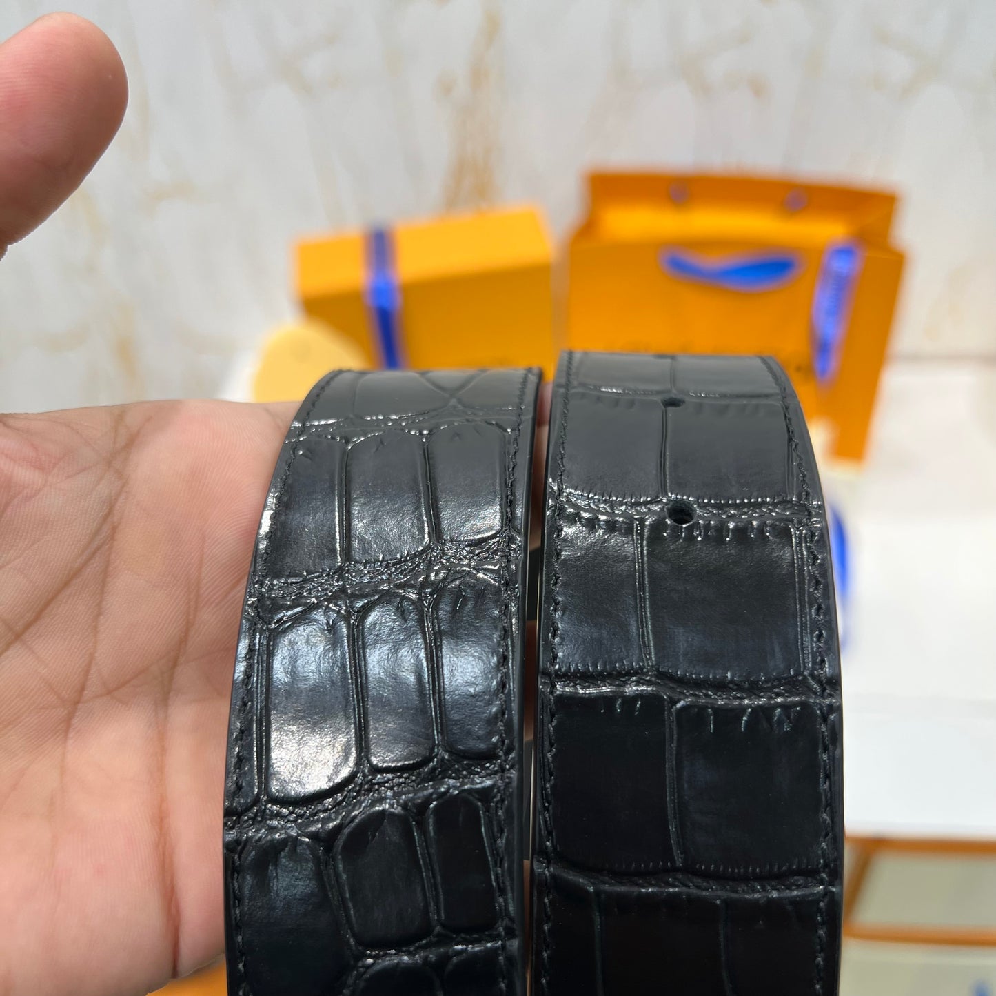 LV Golden Logo Reversible Belt Crocodile Skin Black