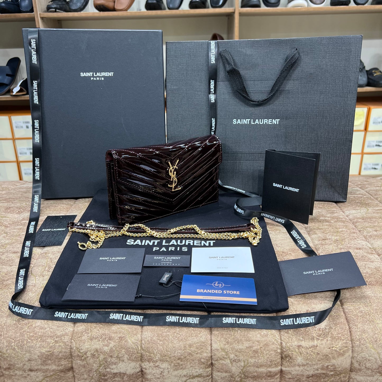 YSL College Mini Chain In Shiny Leather Bag Maroon