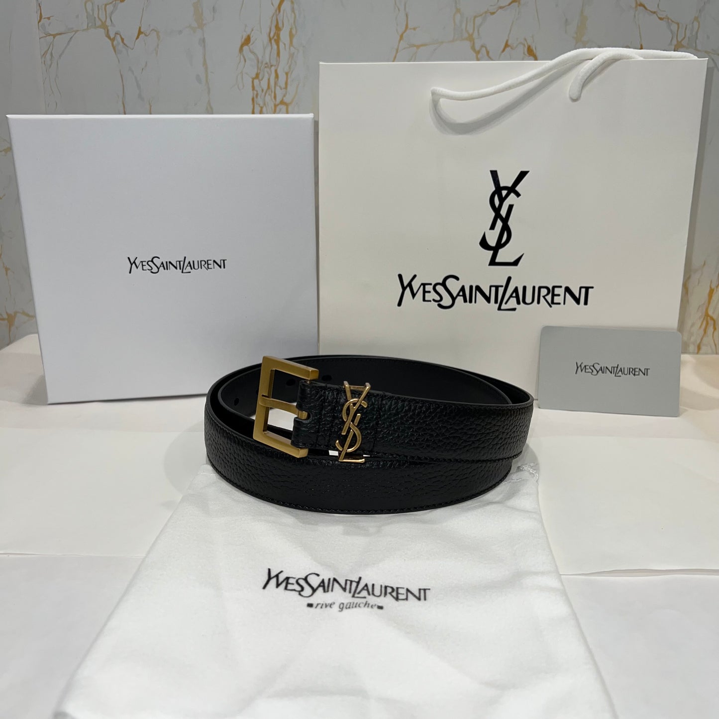 YSL Golden Logo Slim Belt Black