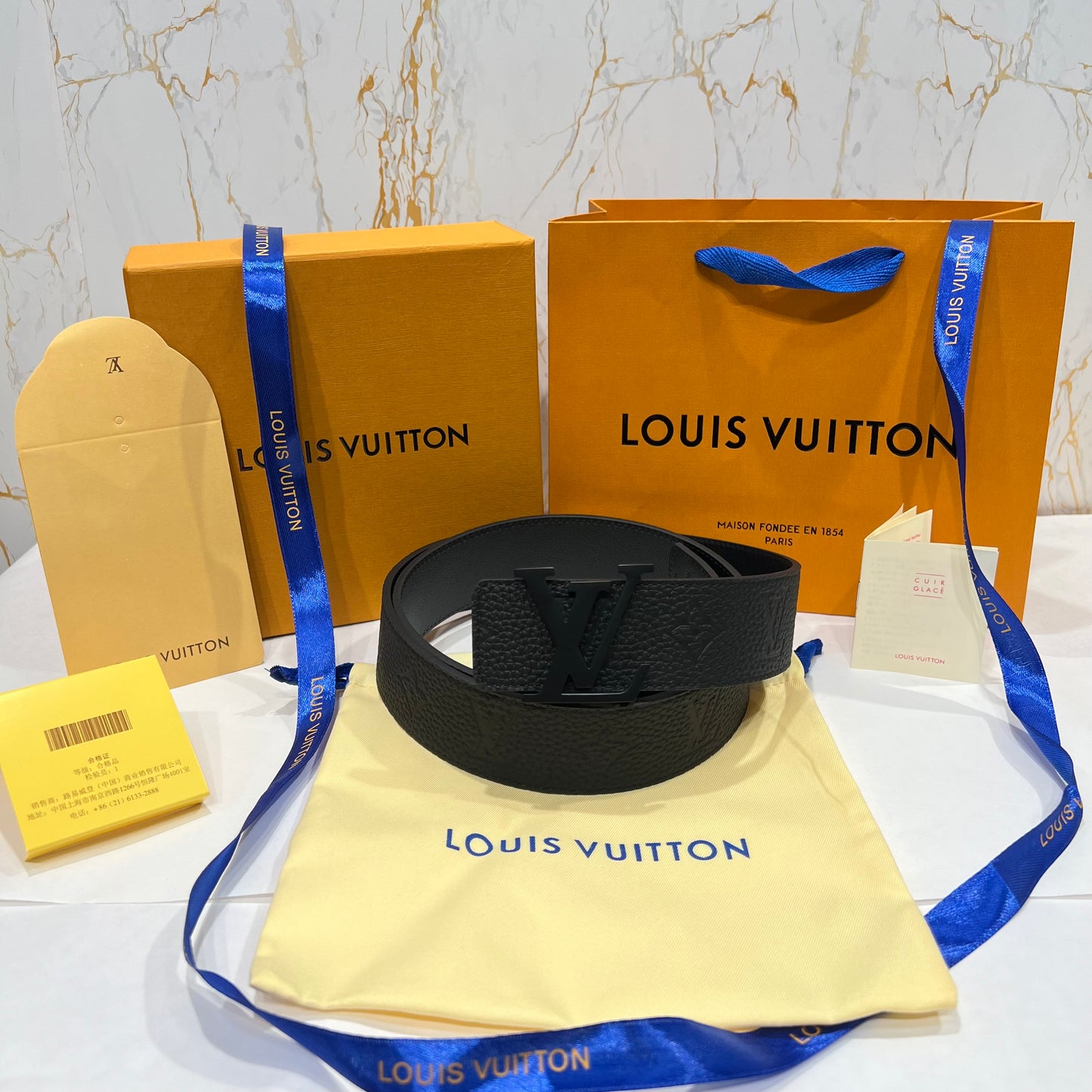 LV Black Logo Embossed Reversible Belt Black