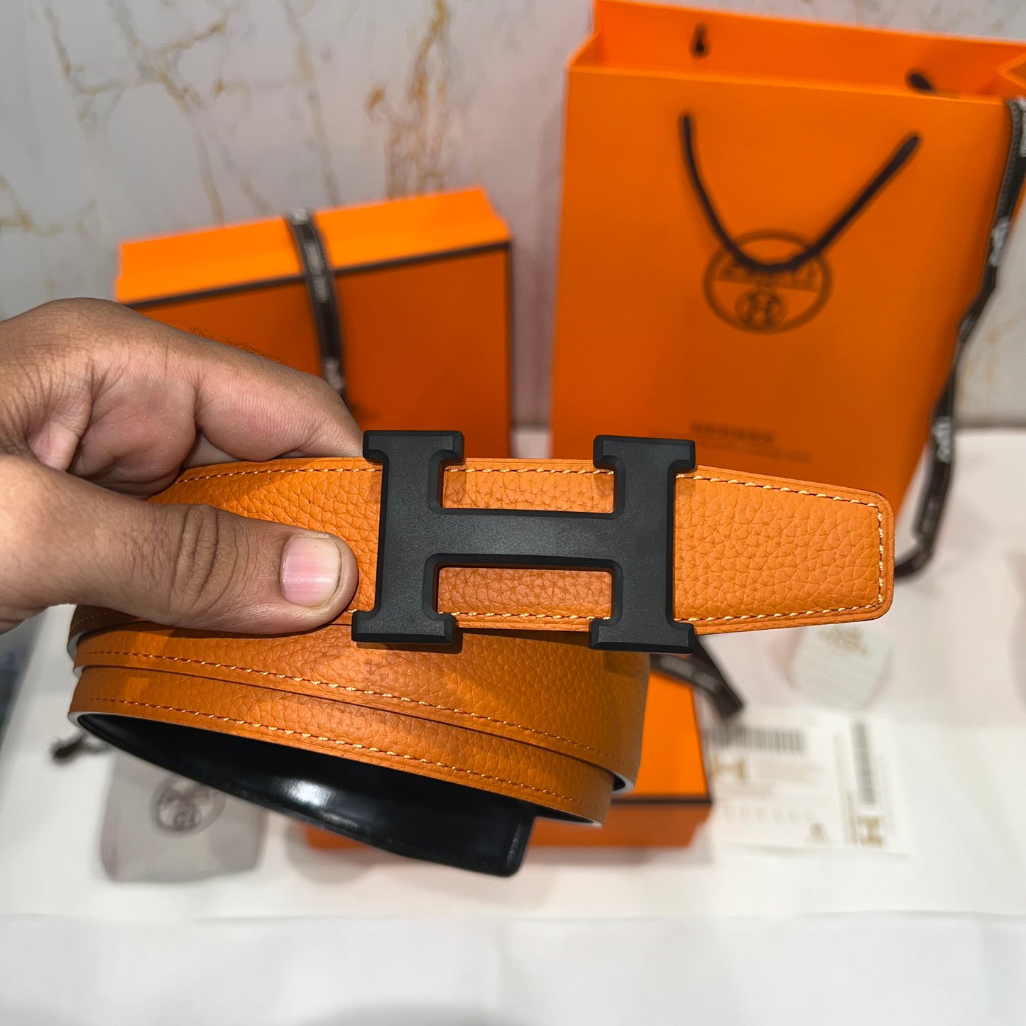 Hermes H Black Buckle Belt Reversible Black/Orange