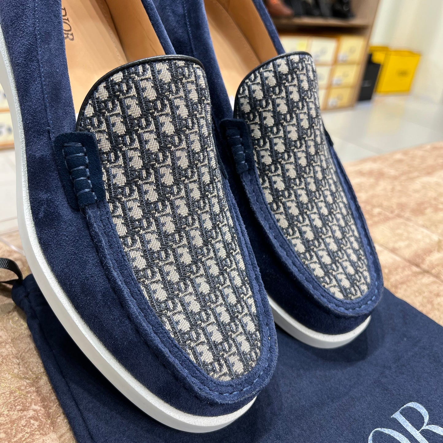 Dior Slip On Blue Pattern Suede Leather