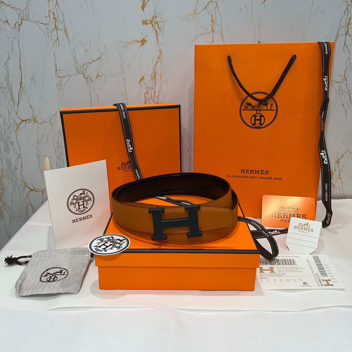 Hermes H Black Buckle Belt Reversible Black/Orange