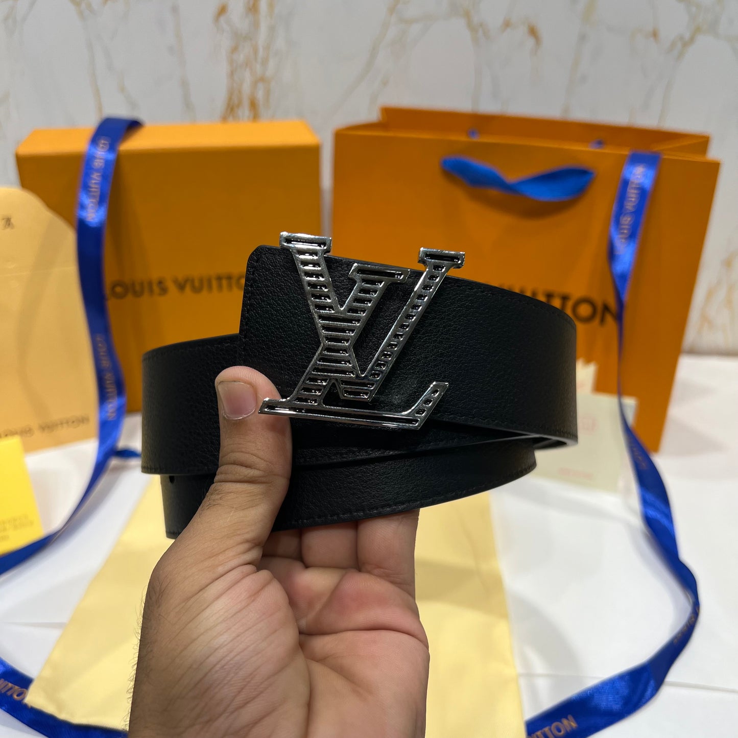 LV Silver Line Logo Reversible Belt Black