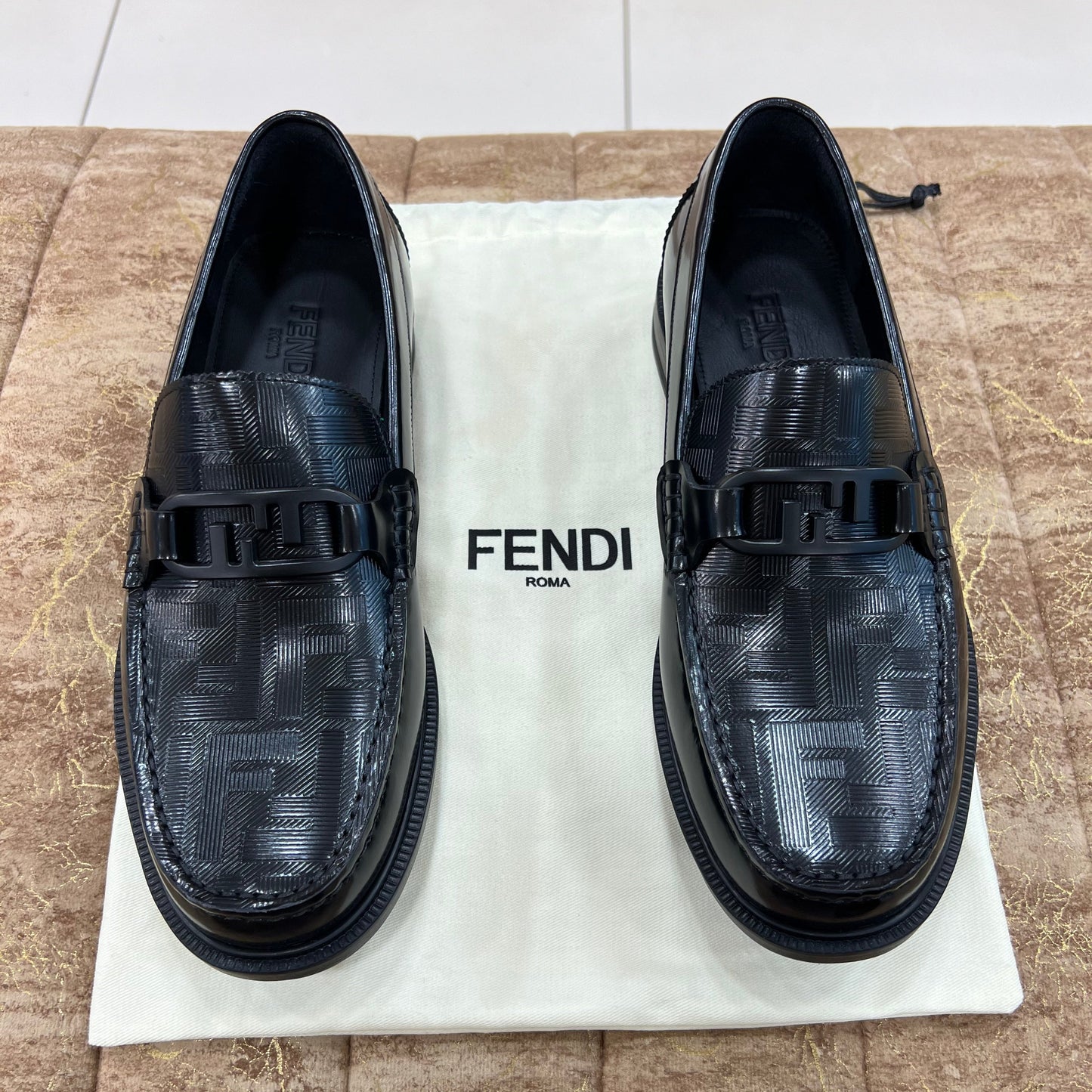 . Fendi Black Logo Embossed Major Loafers