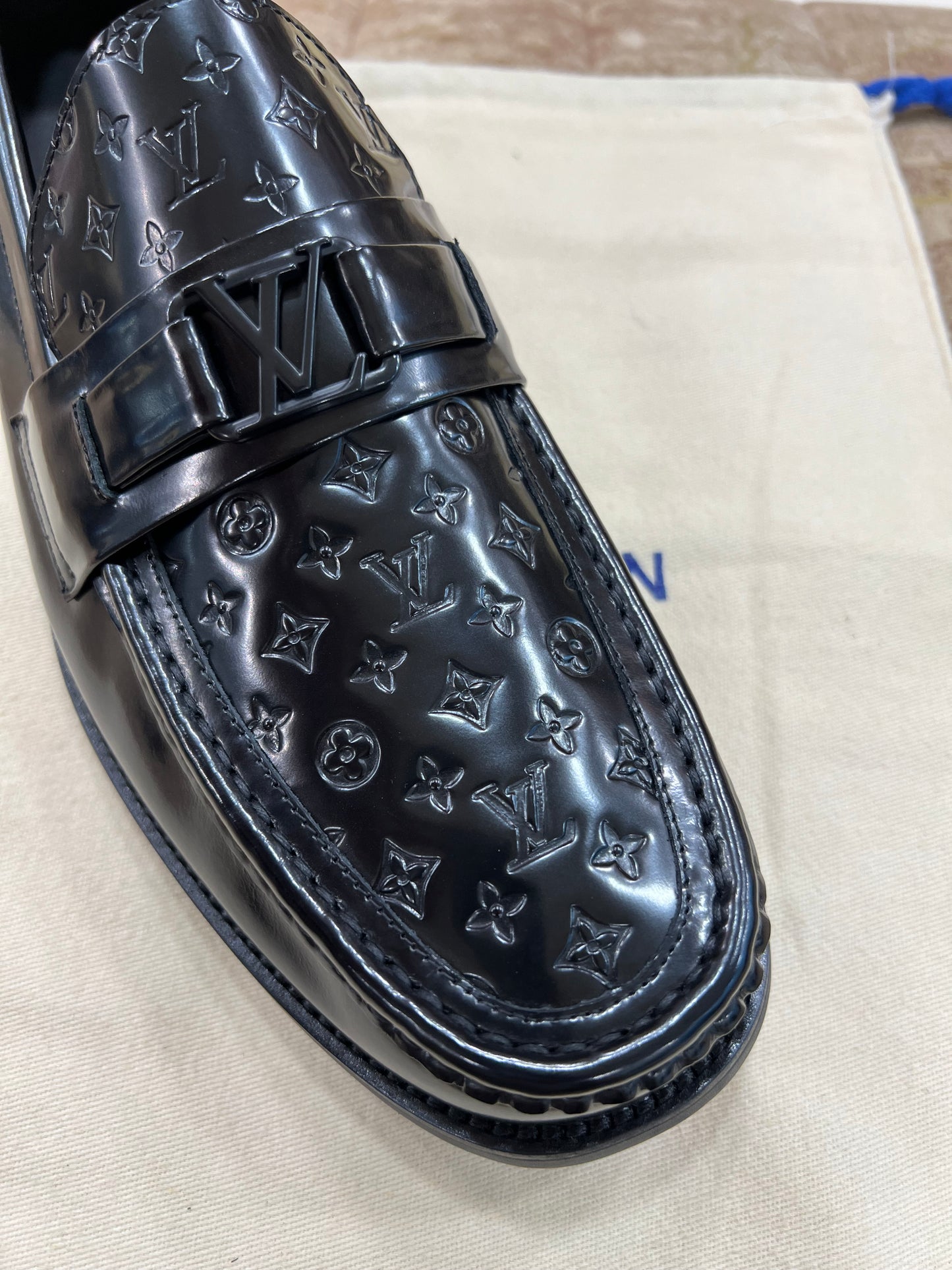 . Louis.Vuitton Black Embossed Major Loafers